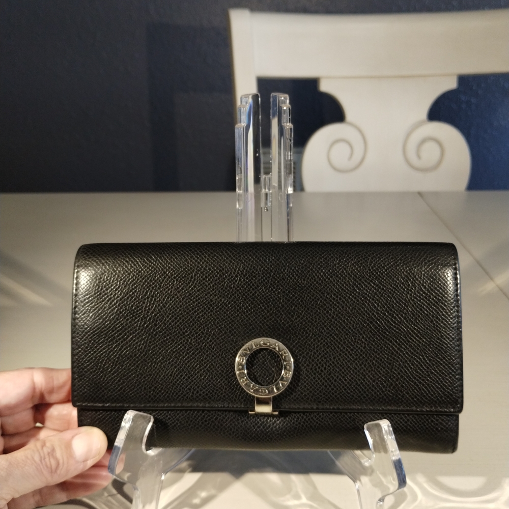 Authentic Bvlgari Black Long Wallet Genuine Leather With Blue Inside With COA